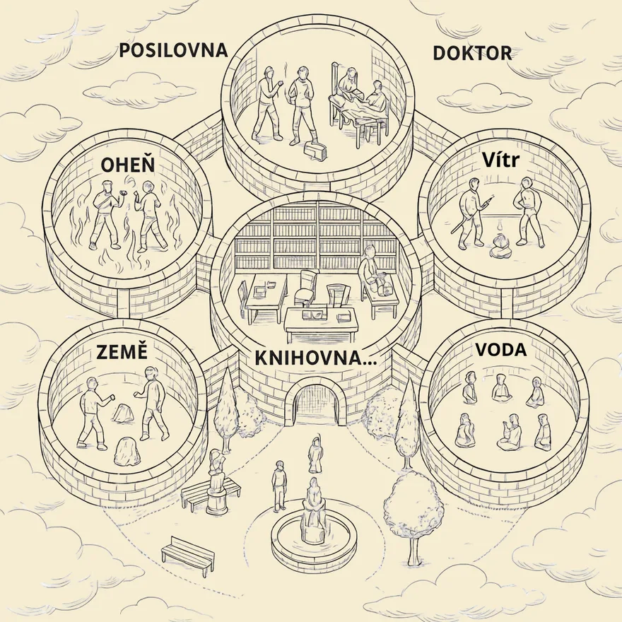 Mapa chrámu — pět věží (Posilovna, Doktor, Oheň, Vítr, Země, Voda) spojených hradbami a knihovna uprostřed